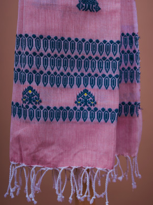 Cotton Lavender Handwoven Stole With Blue Border